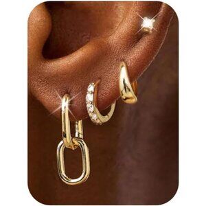 14K Gold Plated Hypoallergenic Link Huggie Earrings Stack Set for Women